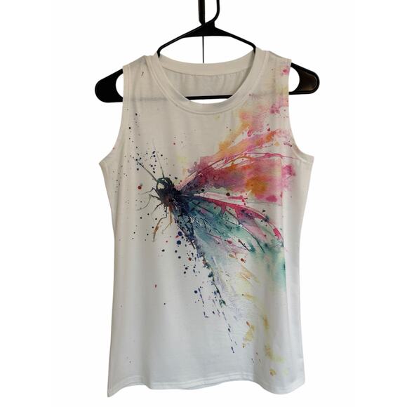 Women's Small White Mulitcolor Dragonfly Print Sleeveless Round Neck Loose Tank - Picture 3 of 14